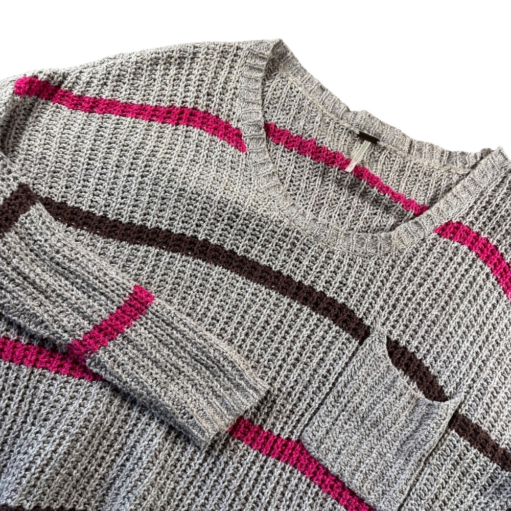 Free People Sweater Womens L Pink Striped Oversized V-Neck Knit Boho Chunky Knit